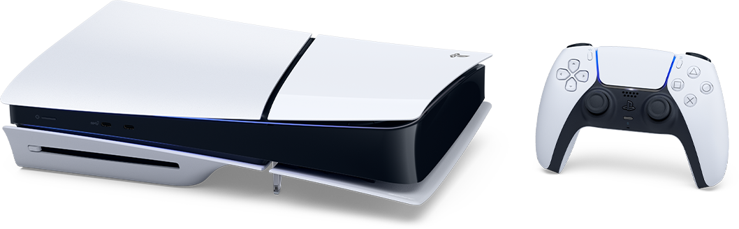 03 PlayStation 5 (Slim) Standard в хоризонтално положение с контролер DualSense